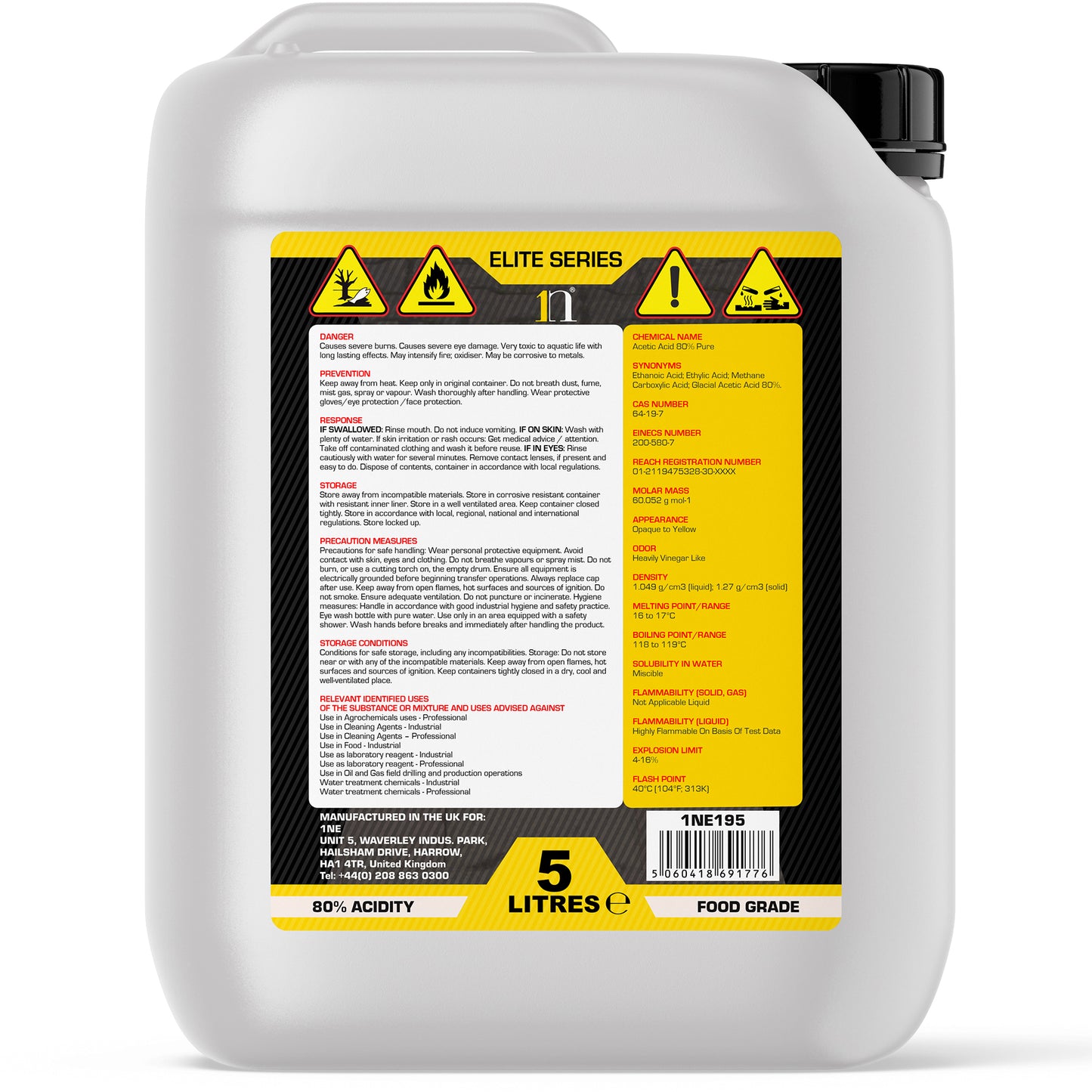 1ne Acetic Acid 80% White Vinegar 5L Jerrycan